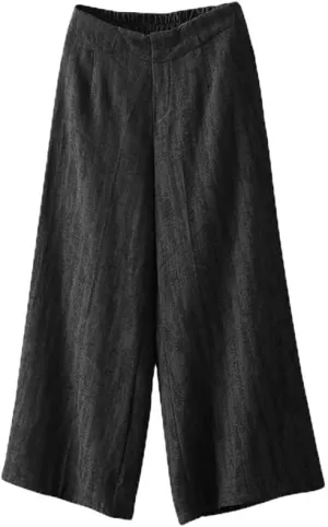 Andongnywell Womens Casual Loose Elastic Waist Cotton Trouser Cropped Wide Leg Pants Cotton Linen Pants