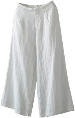 Andongnywell Womens Casual Loose Elastic Waist Cotton Trouser Cropped Wide Leg Pants Cotton Linen Pants