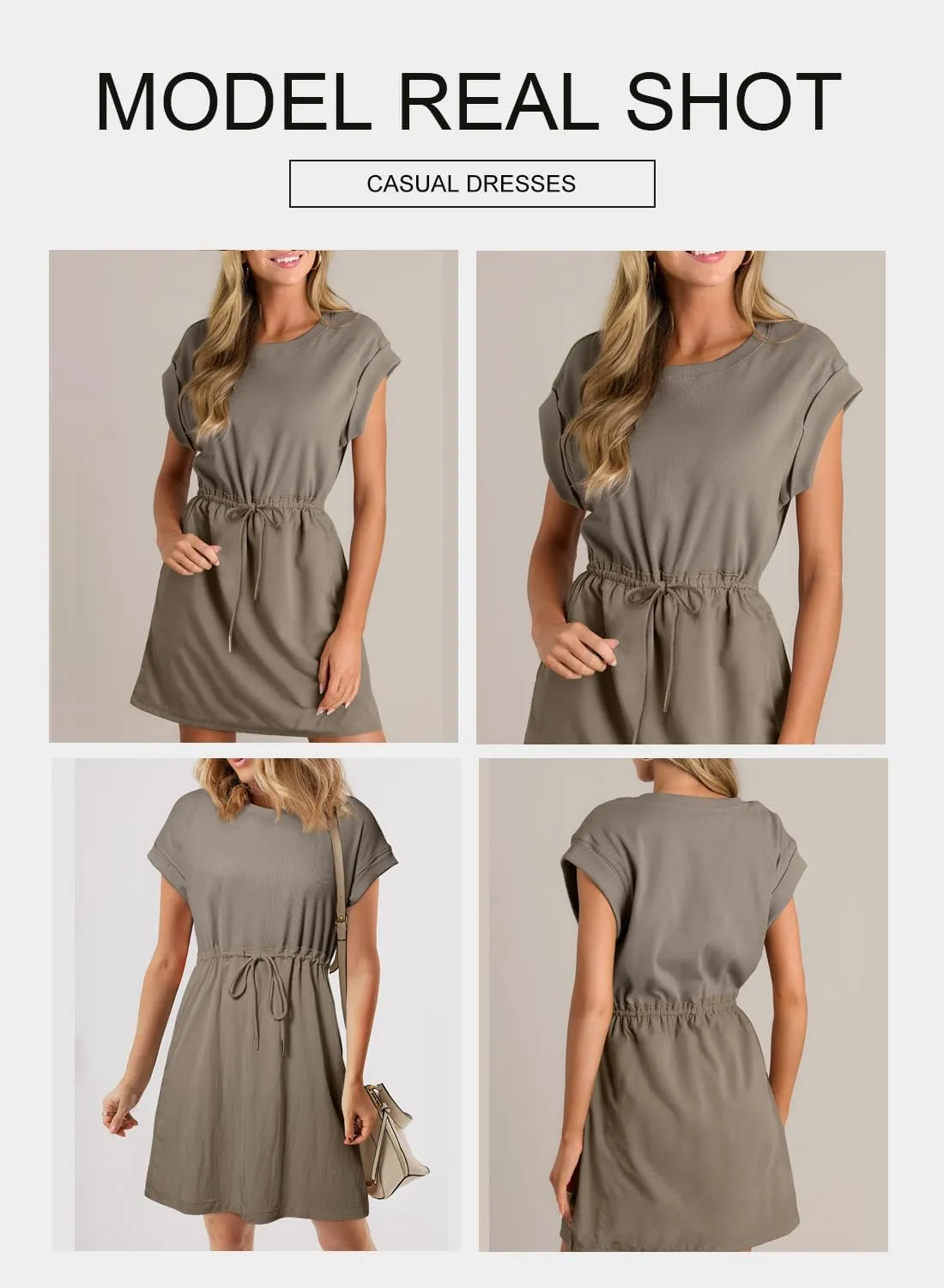 BLENCOT Womens Casual Spring Summer Drawstring Mini Dress Knit Patch Color Short Sleeve Crewneck Shirt Dress with Pockets