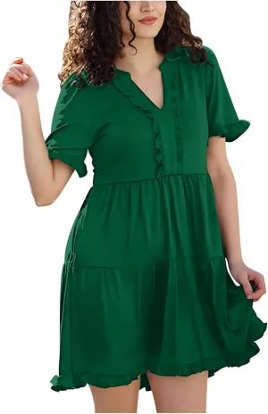 Boho Beach Dresses for Women 2025 Vacation Cute Doll Collar Pleated Flowy Ruffle Dress Summer Casual Swing Midi Dress