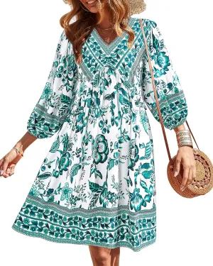 BTFBM Women Casual Spring Summer Dresses V Neck 3/4 Long Sleeve Ruffle Floral Flowy Boho Babydoll Mini Short Beach Dress