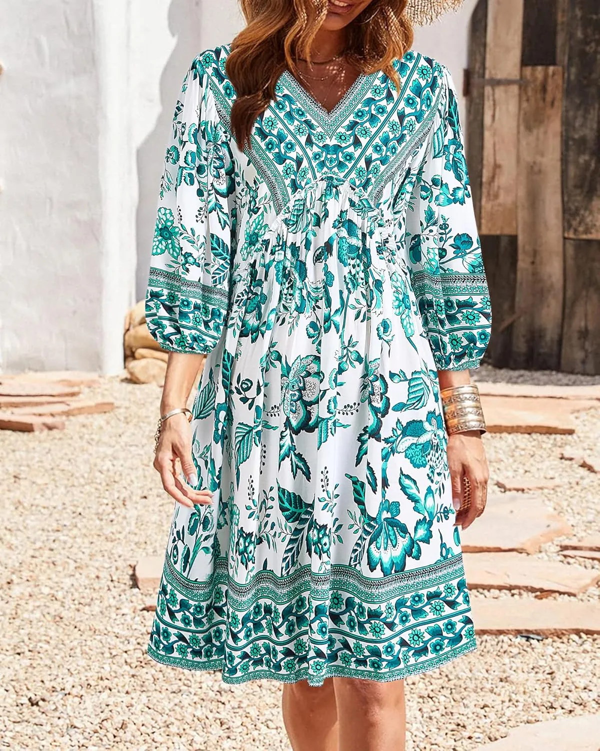 BTFBM Women Casual Spring Summer Dresses V Neck 3/4 Long Sleeve Ruffle Floral Flowy Boho Babydoll Mini Short Beach Dress