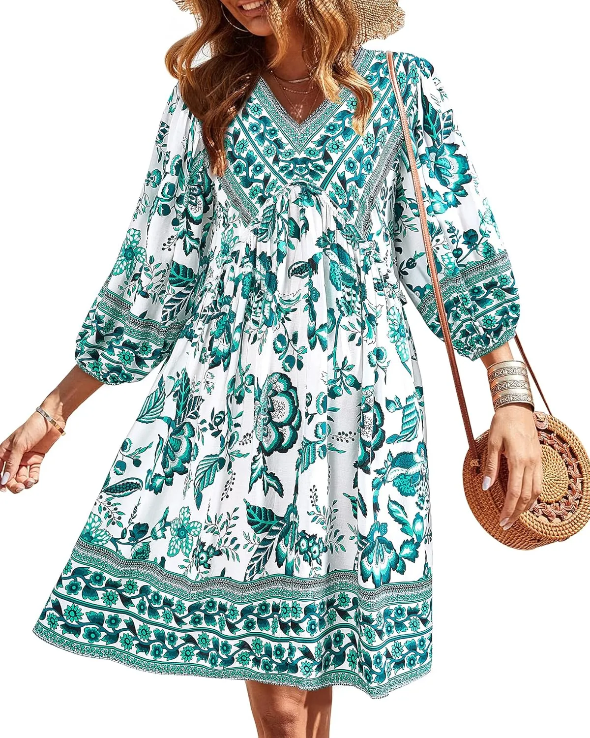 BTFBM Women Casual Spring Summer Dresses V Neck 3/4 Long Sleeve Ruffle Floral Flowy Boho Babydoll Mini Short Beach Dress