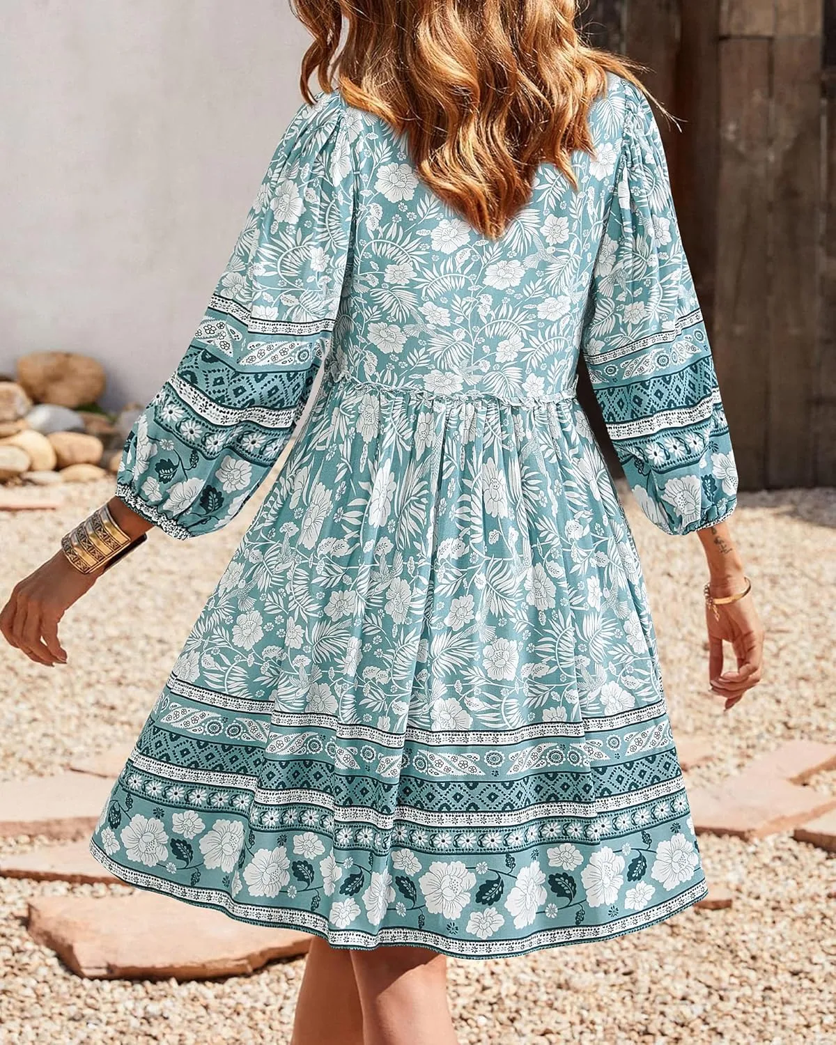 BTFBM Women Casual Spring Summer Dresses V Neck 3/4 Long Sleeve Ruffle Floral Flowy Boho Babydoll Mini Short Beach Dress