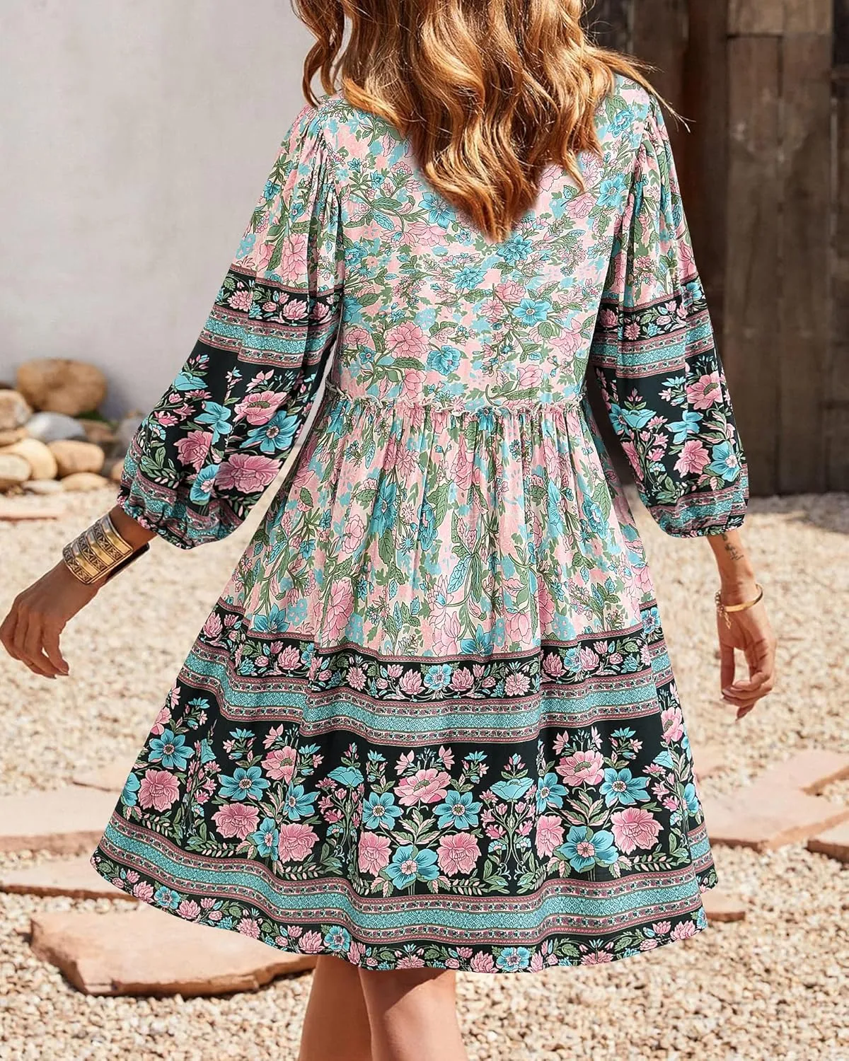 BTFBM Women Casual Spring Summer Dresses V Neck 3/4 Long Sleeve Ruffle Floral Flowy Boho Babydoll Mini Short Beach Dress