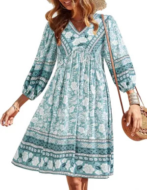 BTFBM Women Casual Spring Summer Dresses V Neck 3/4 Long Sleeve Ruffle Floral Flowy Boho Babydoll Mini Short Beach Dress
