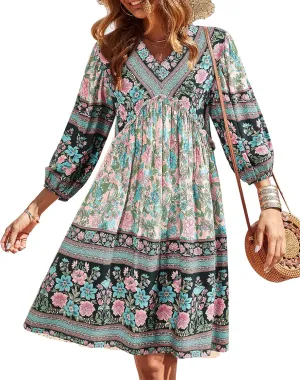 BTFBM Women Casual Spring Summer Dresses V Neck 3/4 Long Sleeve Ruffle Floral Flowy Boho Babydoll Mini Short Beach Dress