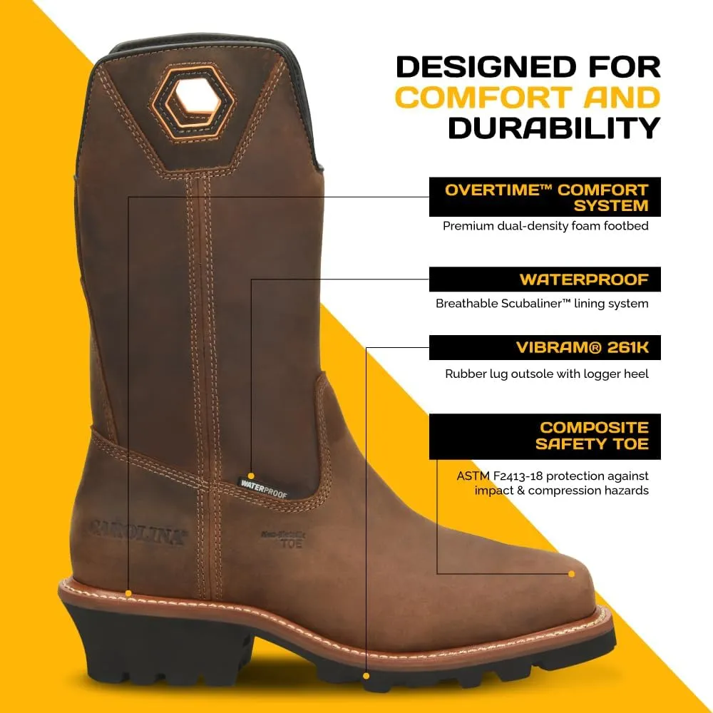 Carolina Coppice Composite Toe Wellington Logger Boots for Men - Waterproof Square Toe Leather Boots with Slip-Resistant Vibram Rubber Lug Outsoles