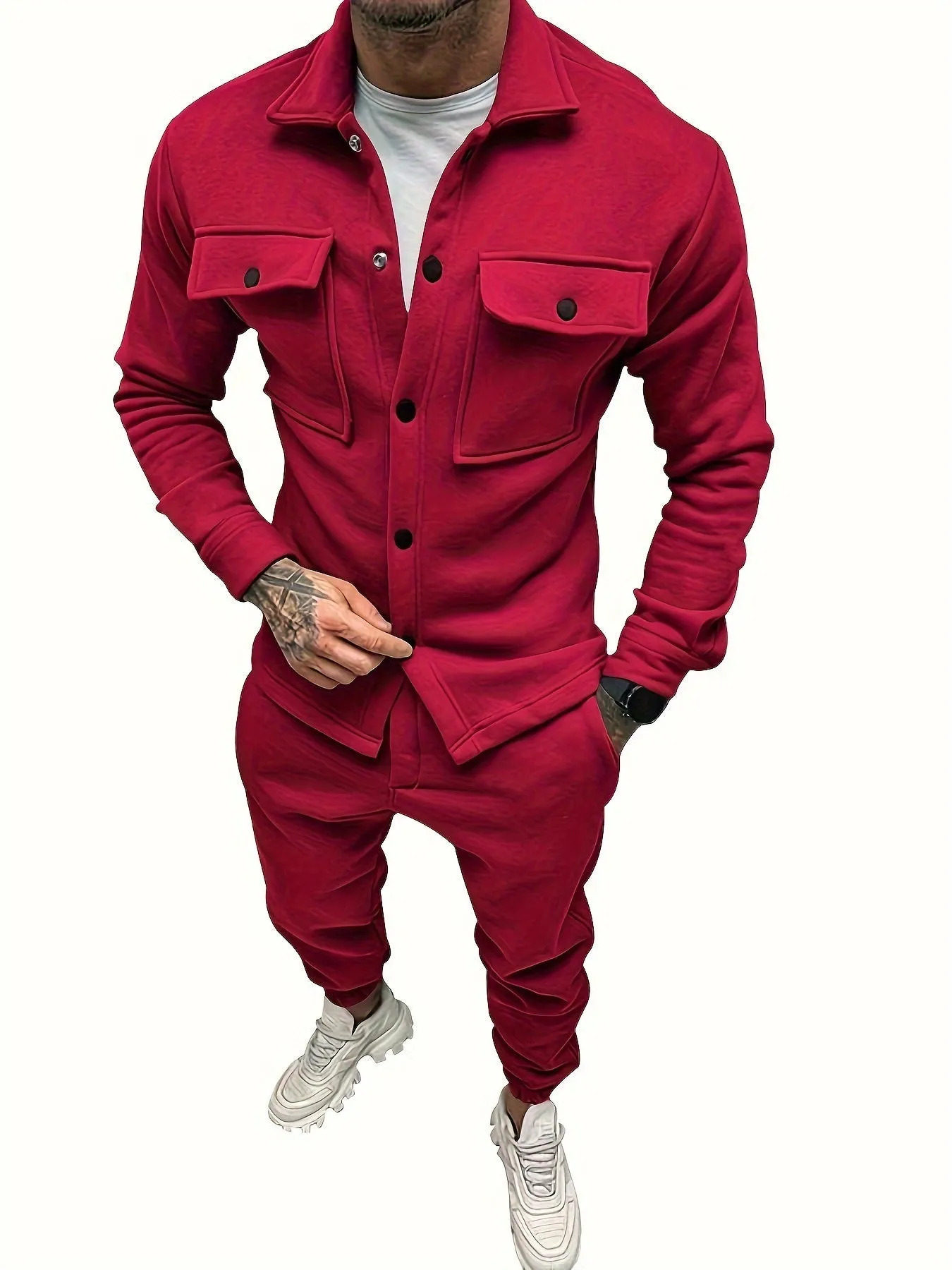 Casual Solid Color Button Up Cotton Shirt and Pants Tracksuit for Men | Ideal for All Seasons
