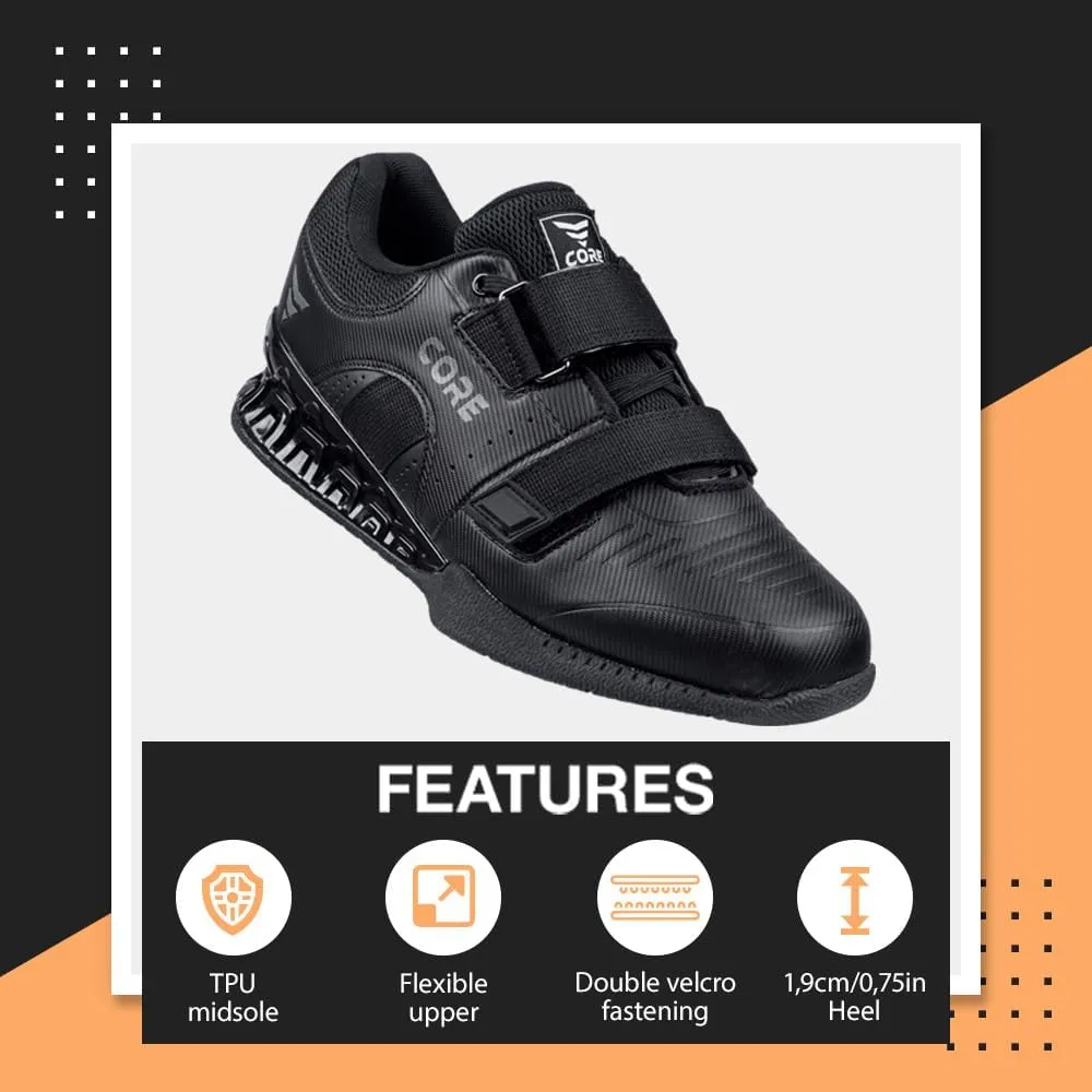 CORE Weightlifting Shoes Force Black - Squat Shoes for Men and Women  Weight Lifting Shoes for Powerlifting, Deadlifting & Crossfit  Non-Slip Olympic Lifting Shoes with Elevated 0.75 Inch Heels