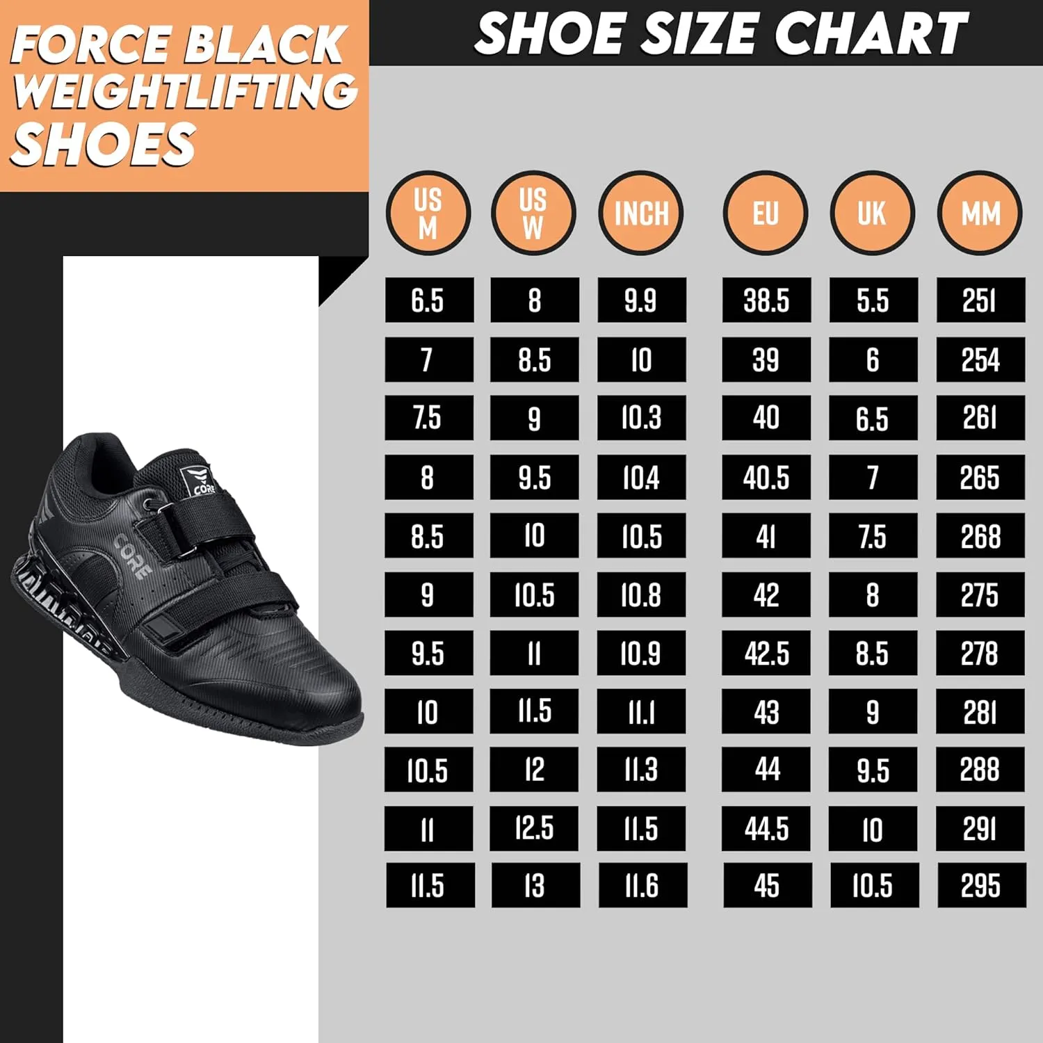 CORE Weightlifting Shoes Force Black - Squat Shoes for Men and Women  Weight Lifting Shoes for Powerlifting, Deadlifting & Crossfit  Non-Slip Olympic Lifting Shoes with Elevated 0.75 Inch Heels