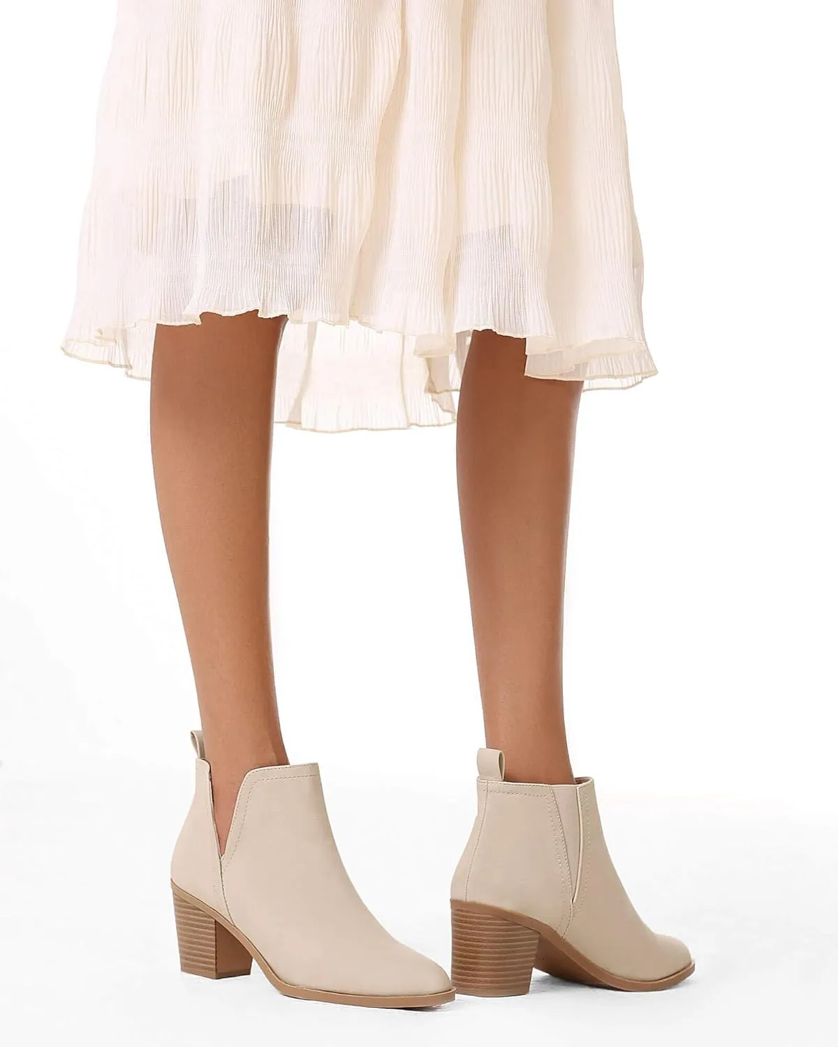 Coutgo Womens Cut Out Ankle Boots Chunky Stacked Heel Almond Toe Slip on Western Booties