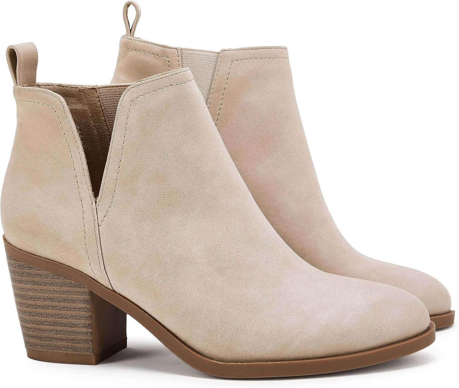 Coutgo Womens Cut Out Ankle Boots Chunky Stacked Heel Almond Toe Slip on Western Booties