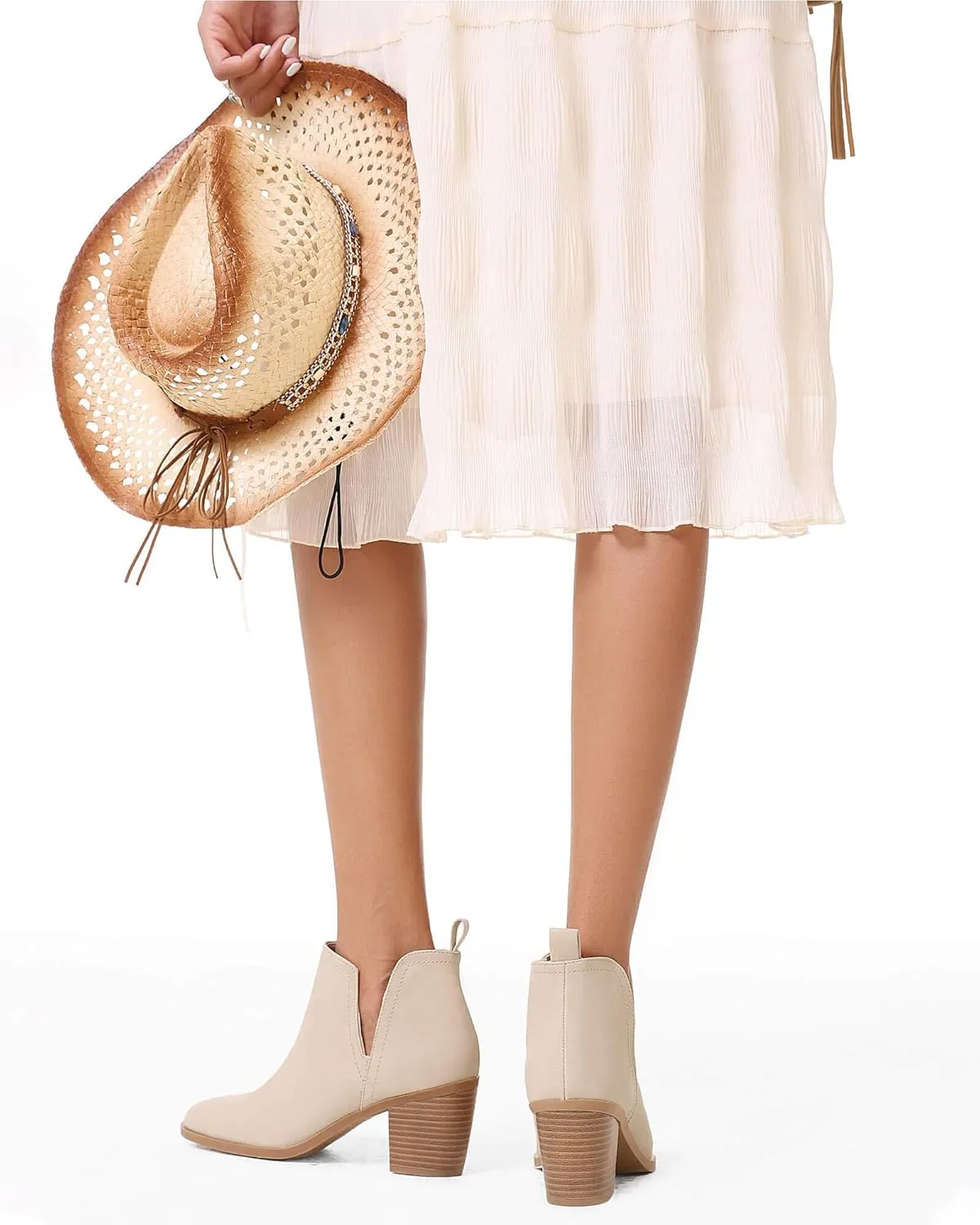 Coutgo Womens Cut Out Ankle Boots Chunky Stacked Heel Almond Toe Slip on Western Booties