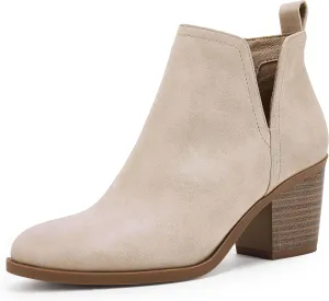 Coutgo Womens Cut Out Ankle Boots Chunky Stacked Heel Almond Toe Slip on Western Booties