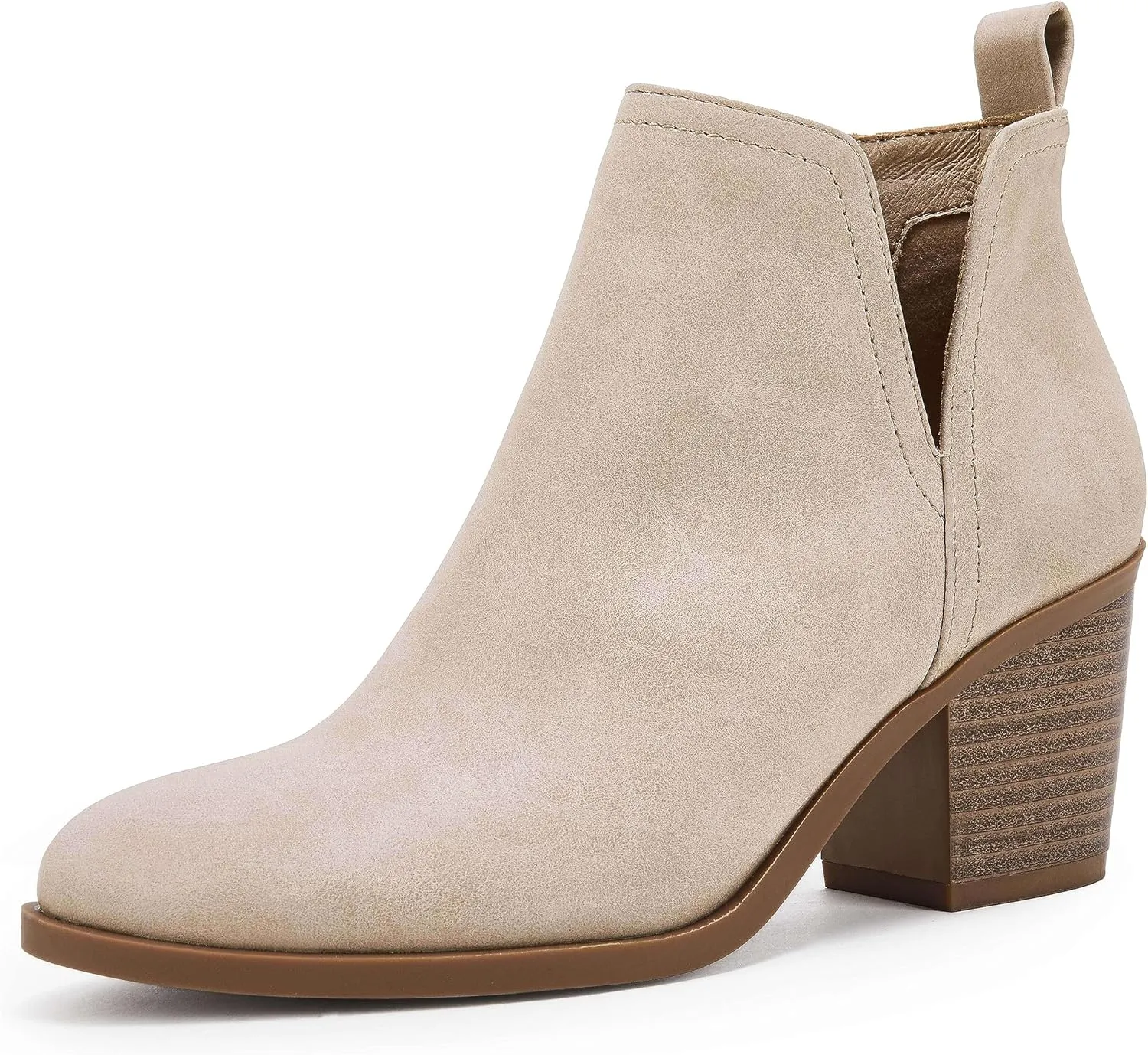 Coutgo Womens Cut Out Ankle Boots Chunky Stacked Heel Almond Toe Slip on Western Booties