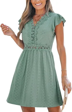 CUPSHE Summer Dress for Women Casual Spring V Neck Lace Appliques Cap Sleeves Hollow Out Beach Mini Dress