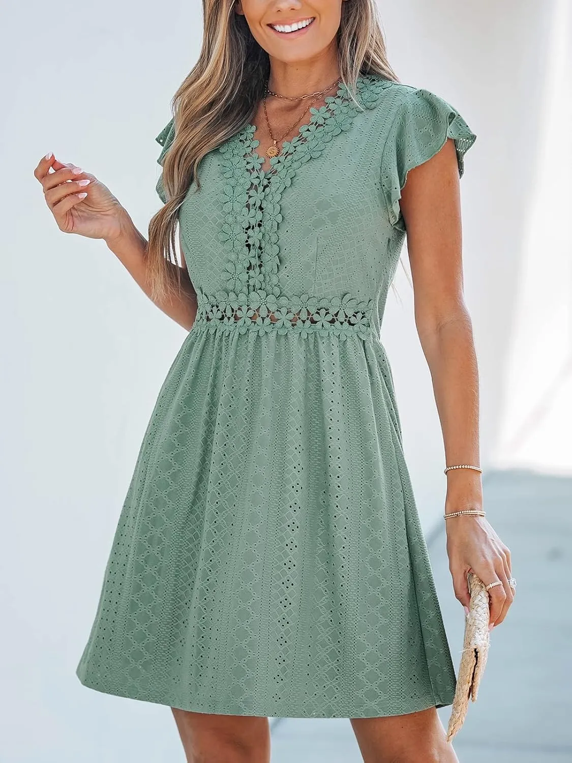CUPSHE Summer Dress for Women Casual Spring V Neck Lace Appliques Cap Sleeves Hollow Out Beach Mini Dress