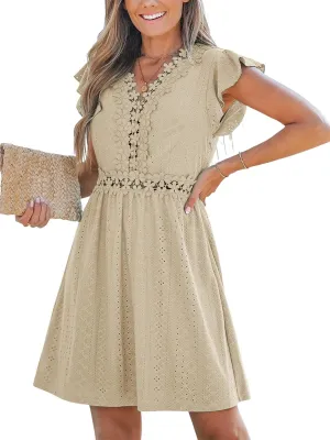 CUPSHE Summer Dress for Women Casual Spring V Neck Lace Appliques Cap Sleeves Hollow Out Beach Mini Dress