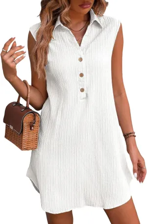 CUPSHE Women Collared V Neck Mini Summer Dress Sleeveless Front Buttons A Line Curved Hem Casual Spring Beach Dresses
