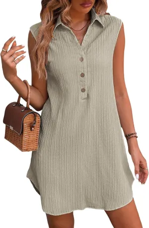 CUPSHE Women Collared V Neck Mini Summer Dress Sleeveless Front Buttons A Line Curved Hem Casual Spring Beach Dresses