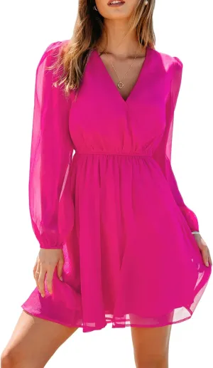 CUPSHE Women's Mini Dresses Casual Spring V Neck Chiffon Long Peasant Sleeves Flowy Summer Dress