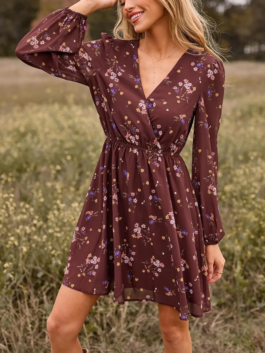 CUPSHE Women's Mini Dresses Casual Spring V Neck Chiffon Long Peasant Sleeves Flowy Summer Dress