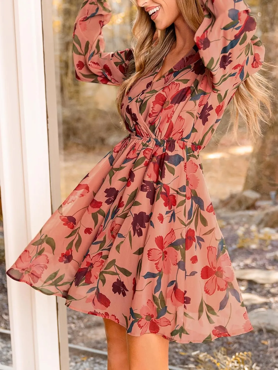 CUPSHE Women's Mini Dresses Casual Spring V Neck Chiffon Long Peasant Sleeves Flowy Summer Dress