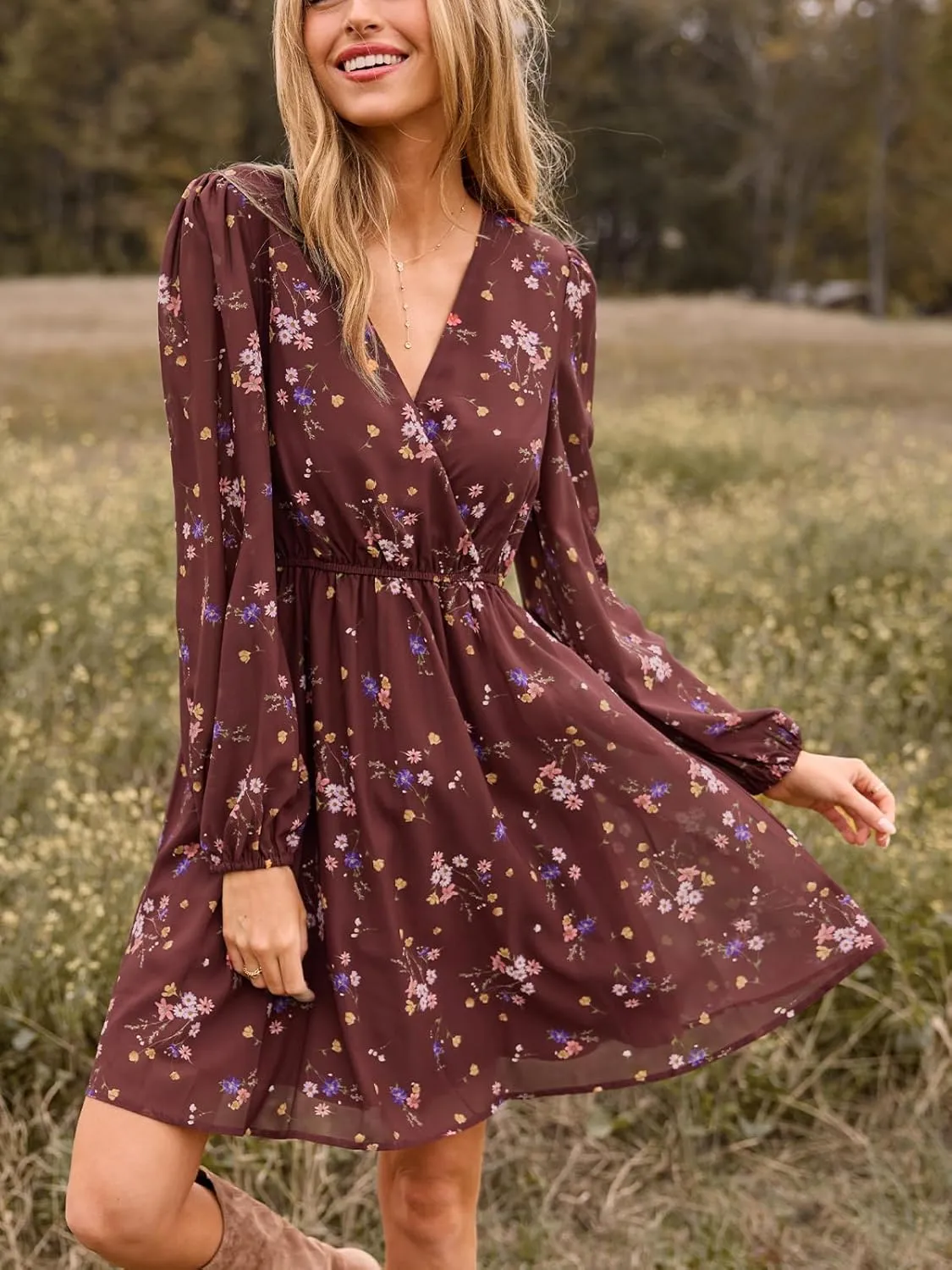 CUPSHE Women's Mini Dresses Casual Spring V Neck Chiffon Long Peasant Sleeves Flowy Summer Dress