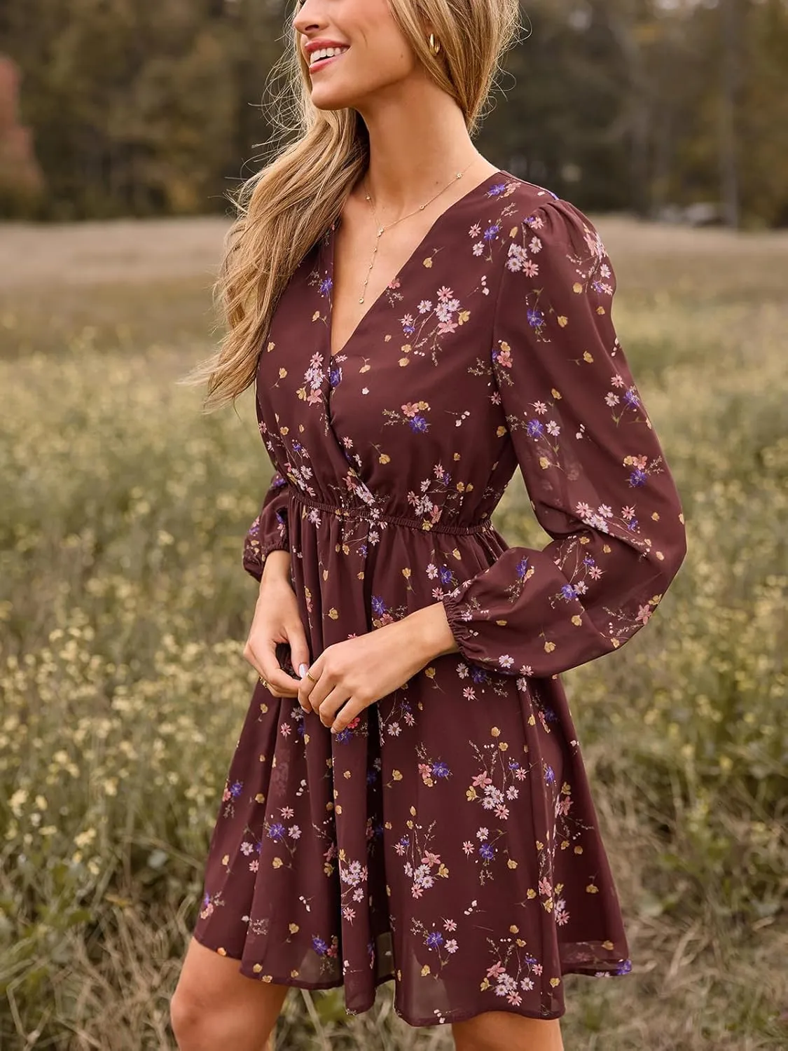 CUPSHE Women's Mini Dresses Casual Spring V Neck Chiffon Long Peasant Sleeves Flowy Summer Dress