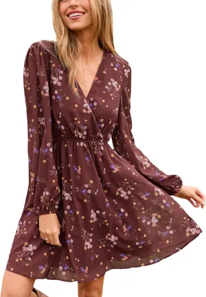 CUPSHE Women's Mini Dresses Casual Spring V Neck Chiffon Long Peasant Sleeves Flowy Summer Dress