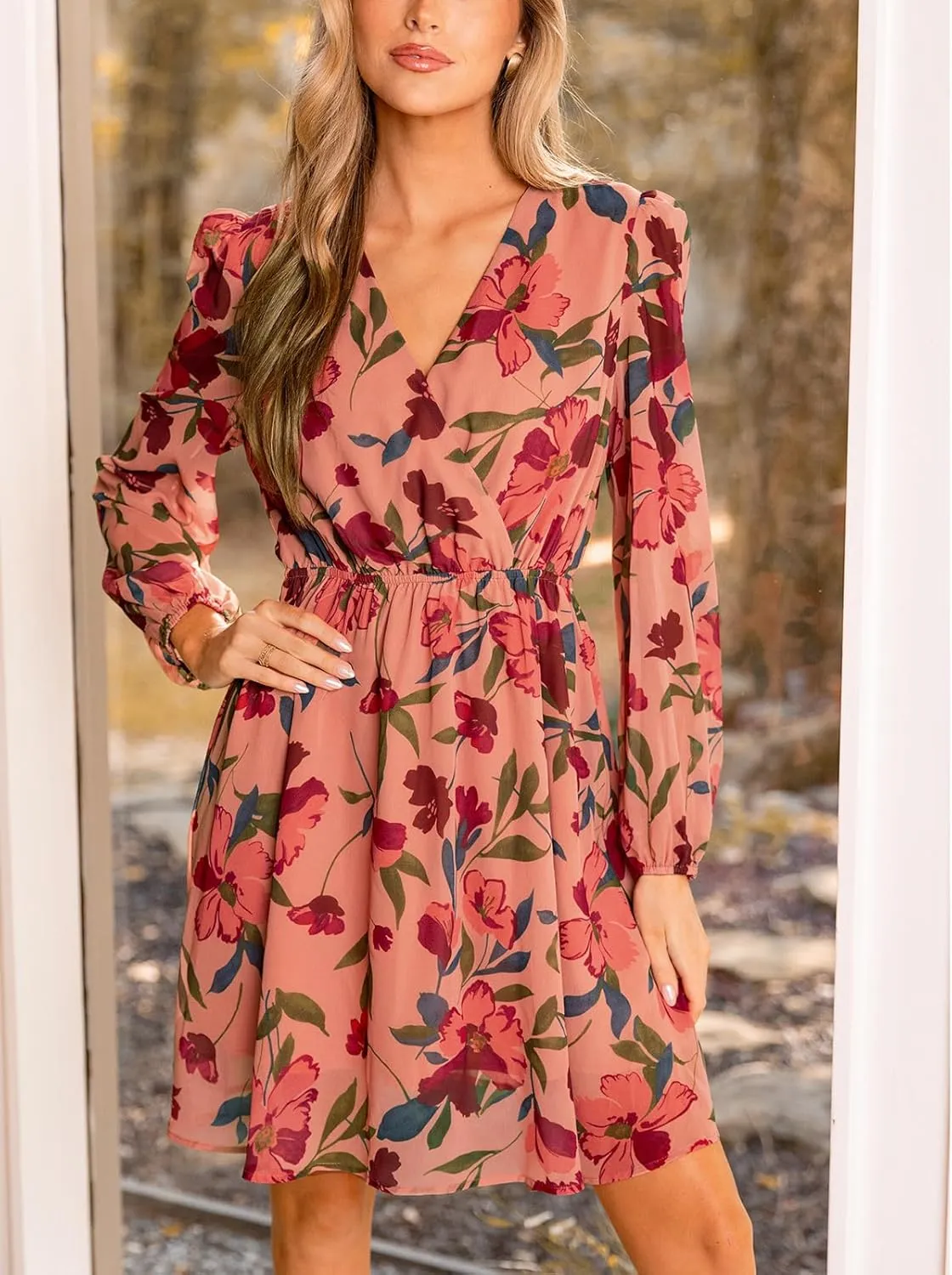 CUPSHE Women's Mini Dresses Casual Spring V Neck Chiffon Long Peasant Sleeves Flowy Summer Dress