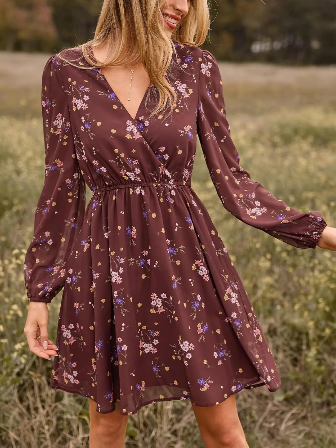 CUPSHE Women's Mini Dresses Casual Spring V Neck Chiffon Long Peasant Sleeves Flowy Summer Dress