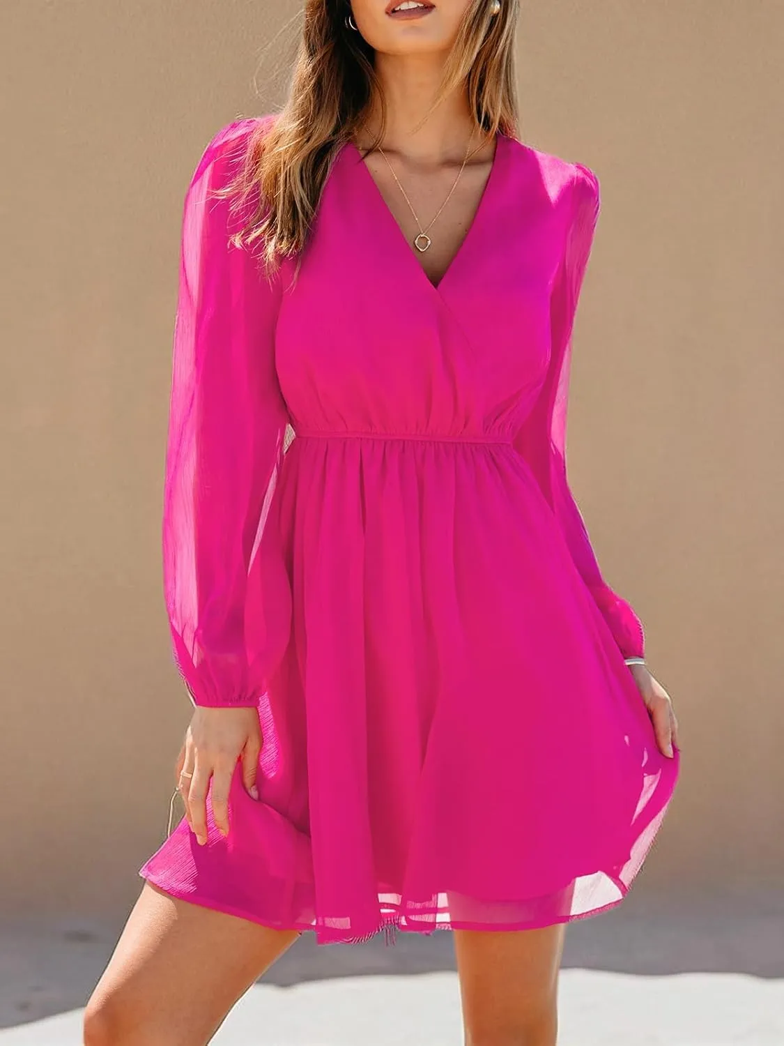 CUPSHE Women's Mini Dresses Casual Spring V Neck Chiffon Long Peasant Sleeves Flowy Summer Dress