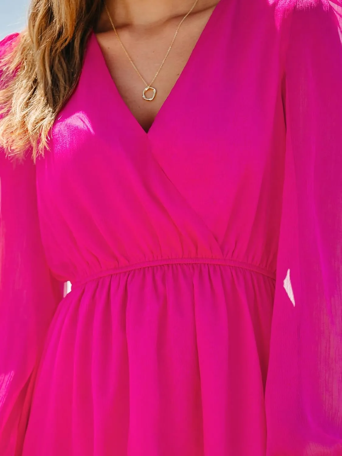 CUPSHE Women's Mini Dresses Casual Spring V Neck Chiffon Long Peasant Sleeves Flowy Summer Dress