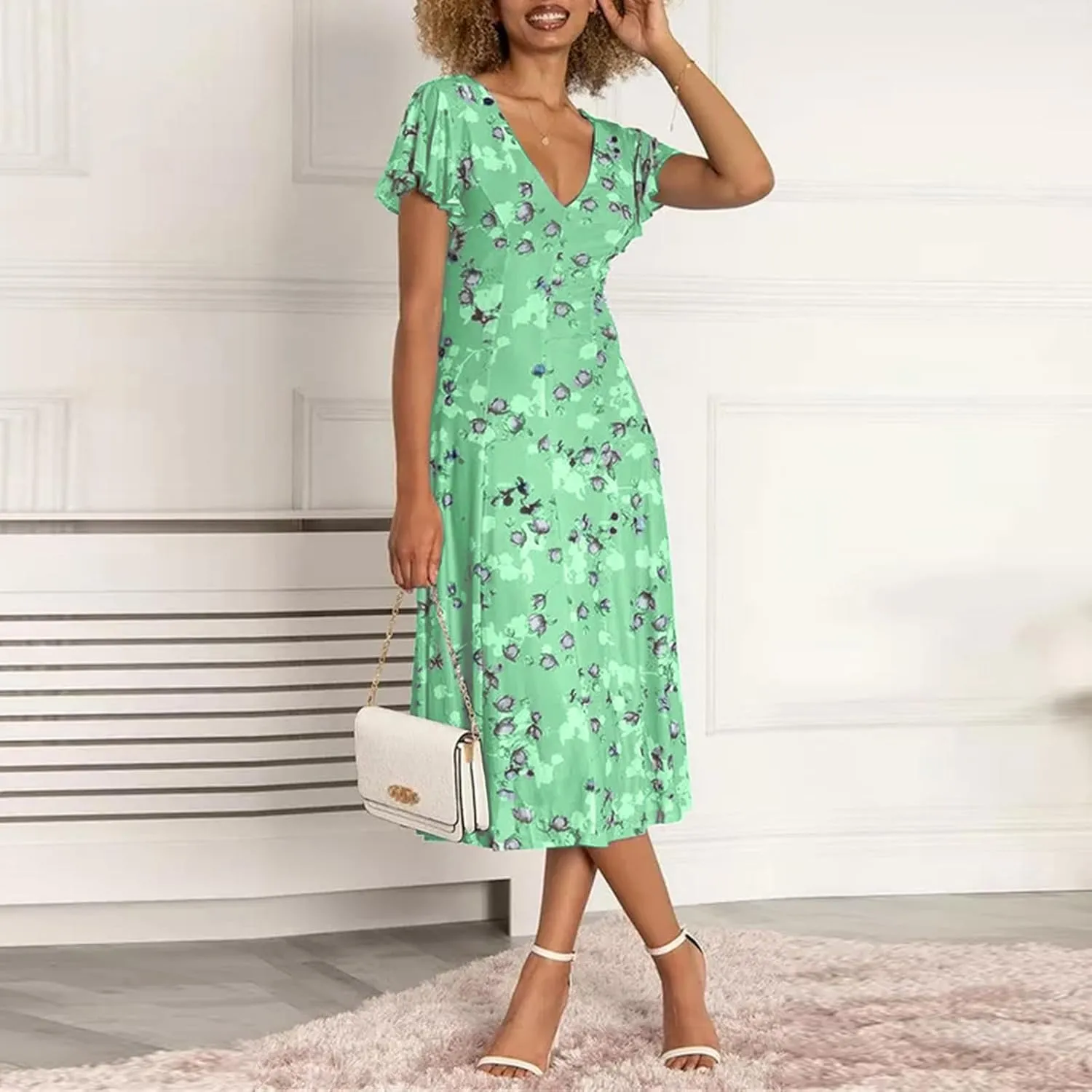 Easter Dress for Women Casual Spring Summer Swing Fitted Maxi Dress Ruffle Short Sleeve Dresses