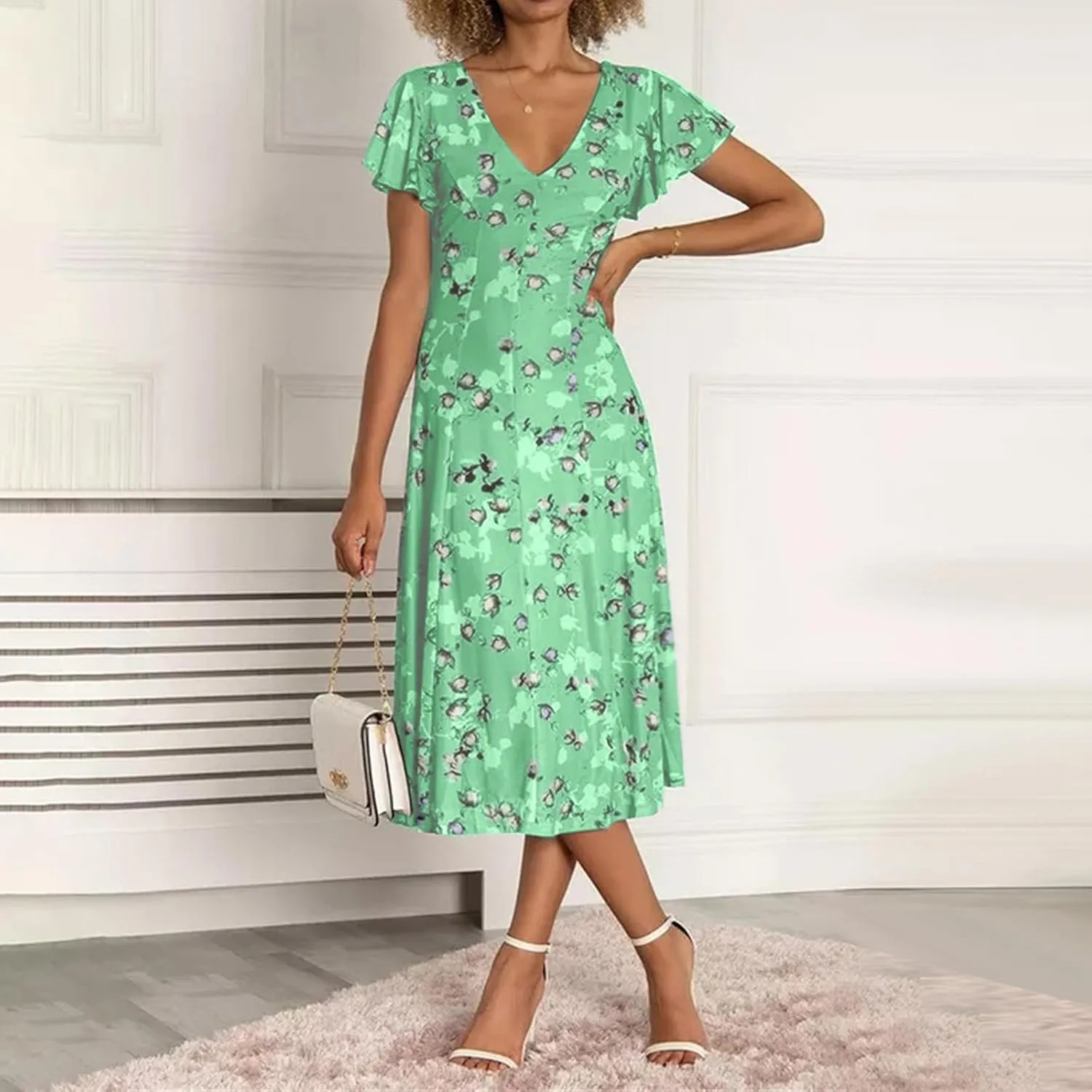 Easter Dress for Women Casual Spring Summer Swing Fitted Maxi Dress Ruffle Short Sleeve Dresses