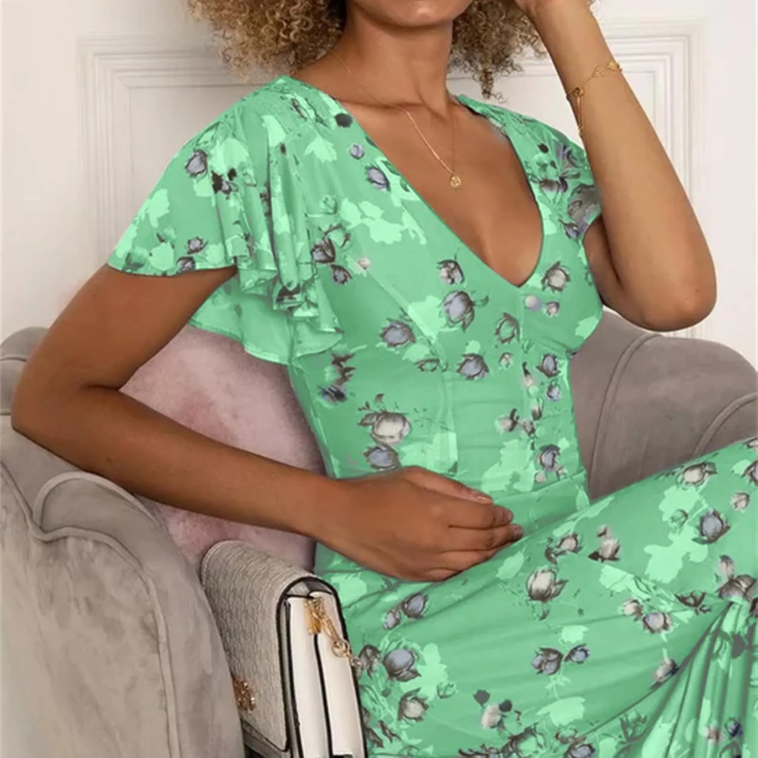 Easter Dress for Women Casual Spring Summer Swing Fitted Maxi Dress Ruffle Short Sleeve Dresses