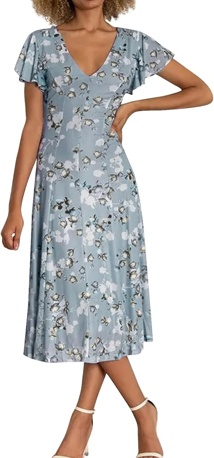 Easter Dress for Women Casual Spring Summer Swing Fitted Maxi Dress Ruffle Short Sleeve Dresses