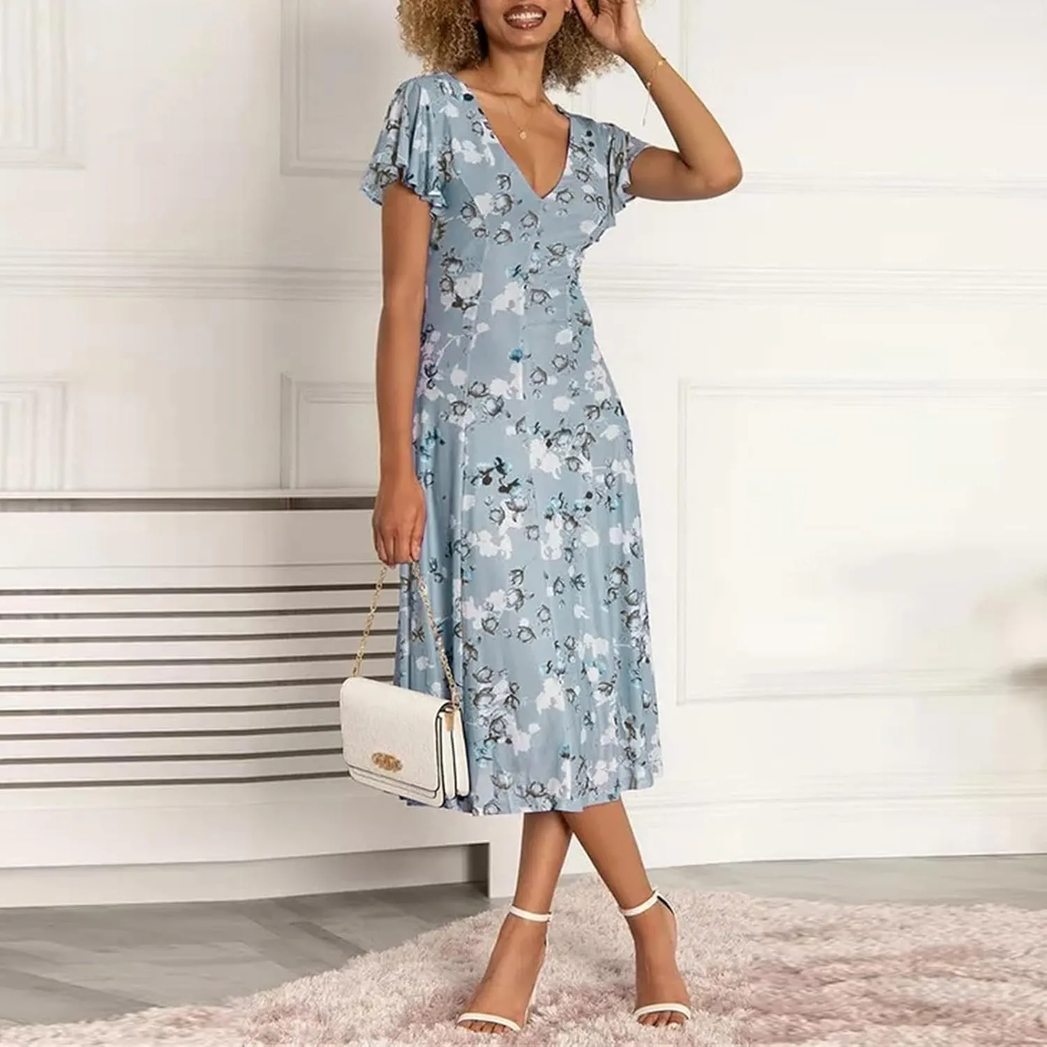 Easter Dress for Women Casual Spring Summer Swing Fitted Maxi Dress Ruffle Short Sleeve Dresses