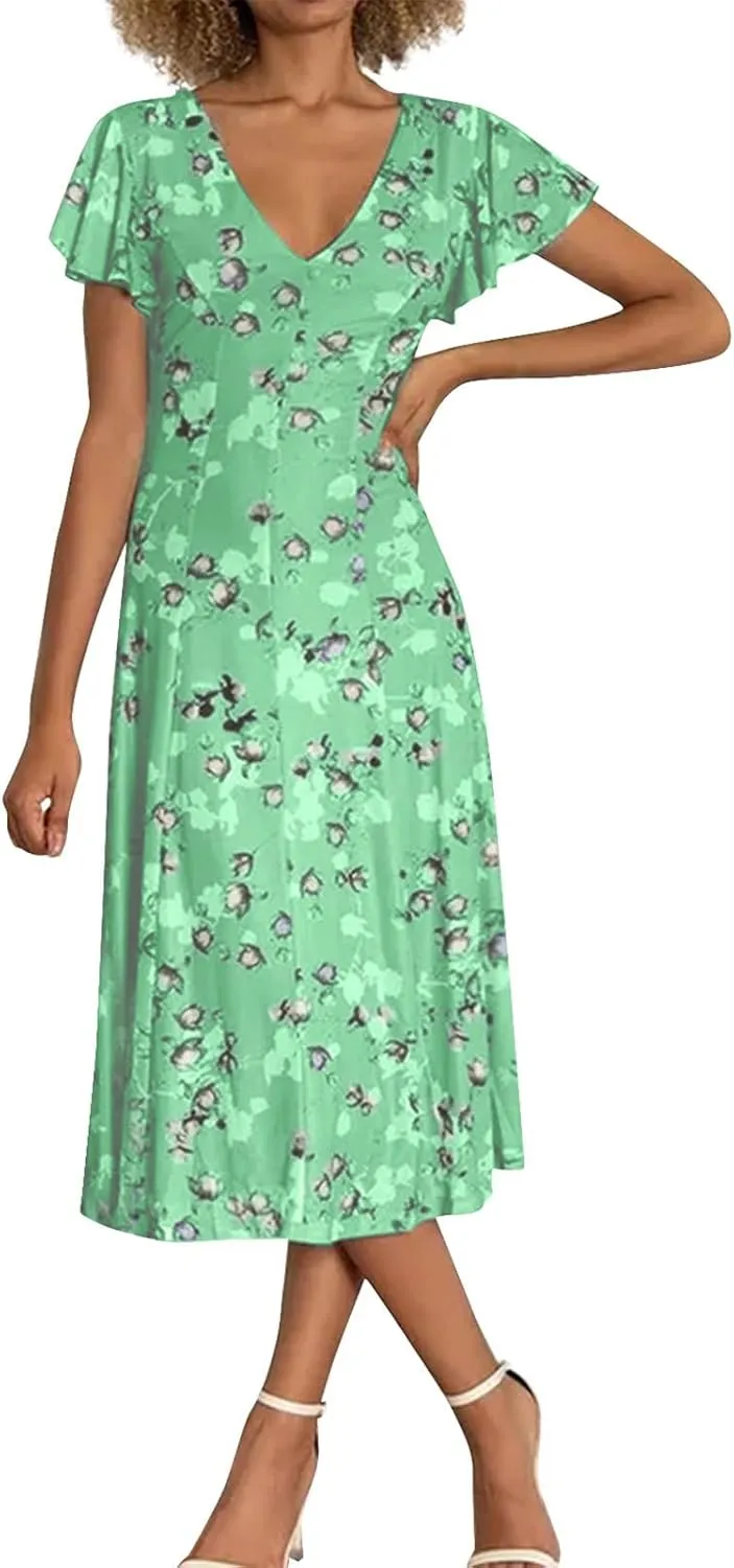Easter Dress for Women Casual Spring Summer Swing Fitted Maxi Dress Ruffle Short Sleeve Dresses