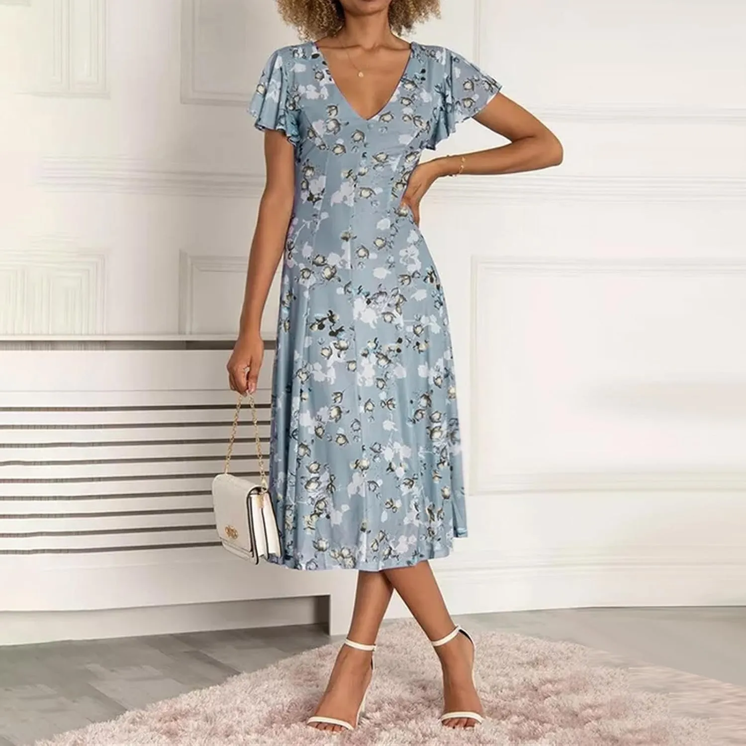 Easter Dress for Women Casual Spring Summer Swing Fitted Maxi Dress Ruffle Short Sleeve Dresses