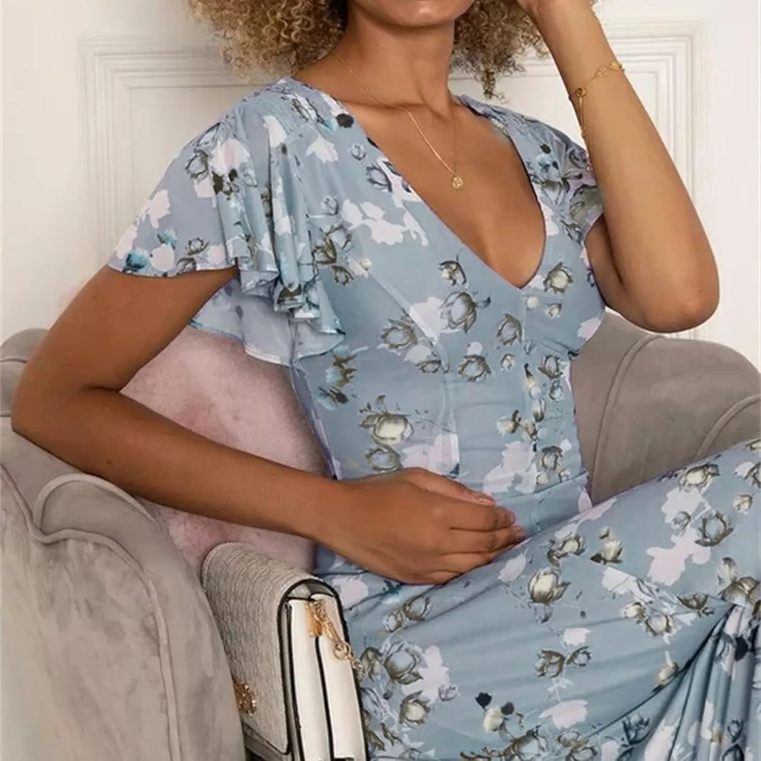 Easter Dress for Women Casual Spring Summer Swing Fitted Maxi Dress Ruffle Short Sleeve Dresses