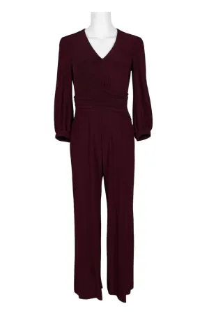 Elegant V-Neck Long Sleeve Ruched Jersey Jumpsuit with Back Zipper Closure