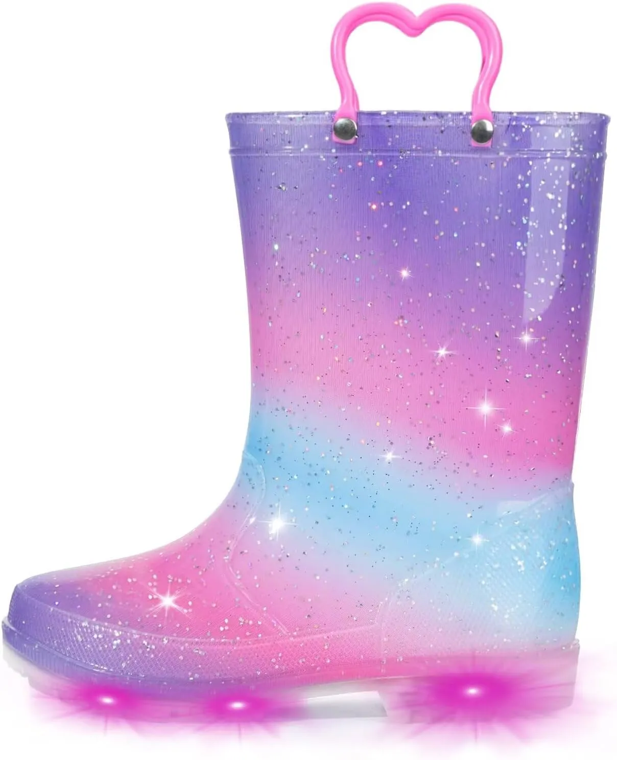 EUXTERPA Toddler Kids Waterproof Light Up Rain Boots Patterns and Glitter Boots with Handles for Girls, Purple Gradient, Big Kid Size 2