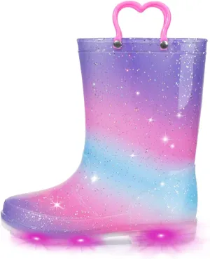 EUXTERPA Toddler Kids Waterproof Light Up Rain Boots Patterns and Glitter Boots with Handles for Girls, Purple Gradient, Big Kid Size 2