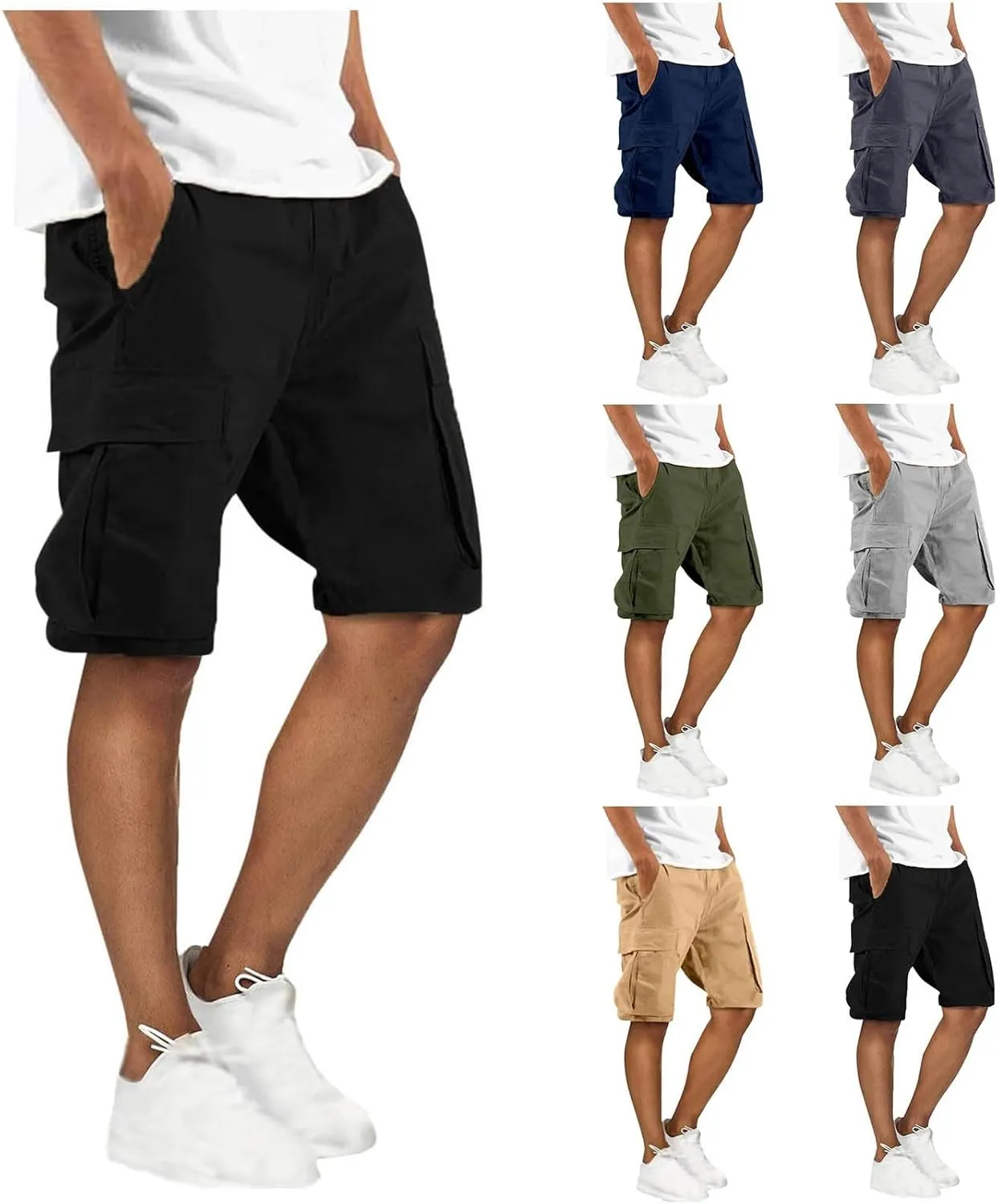 Finelylove Mens Cargo Shorts Relaxed Fit Elastic Waist Summer Casual Hiking Work Shorts Lightweight Straight Joggers Pants