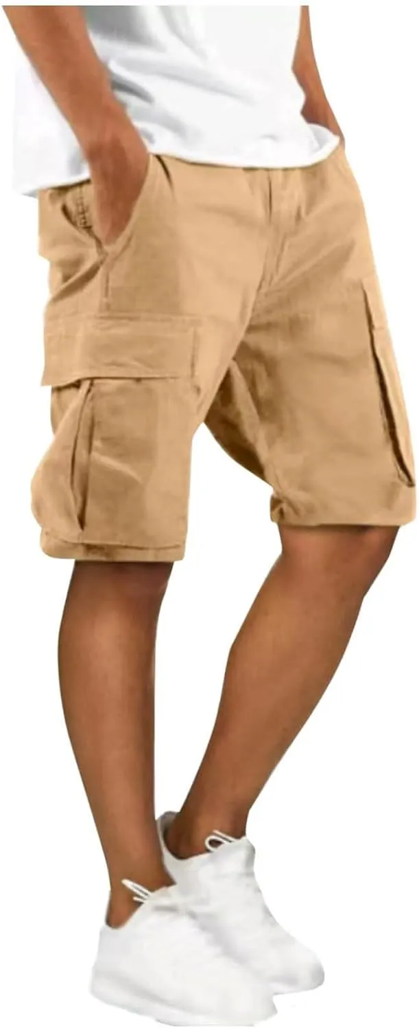 Finelylove Mens Cargo Shorts Relaxed Fit Elastic Waist Summer Casual Hiking Work Shorts Lightweight Straight Joggers Pants