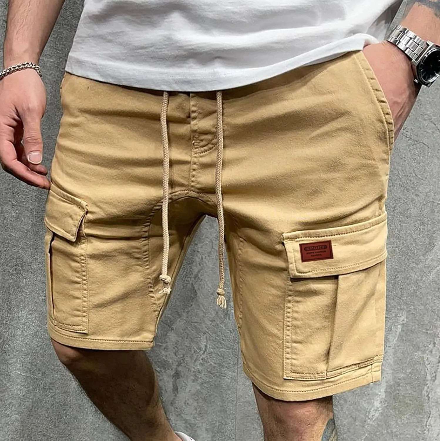 Finelylove Mens Shorts Casual Elastic Waist Drawstring Cargo Shorts Summer Lightweight Workout Jogger Pants with Pockets