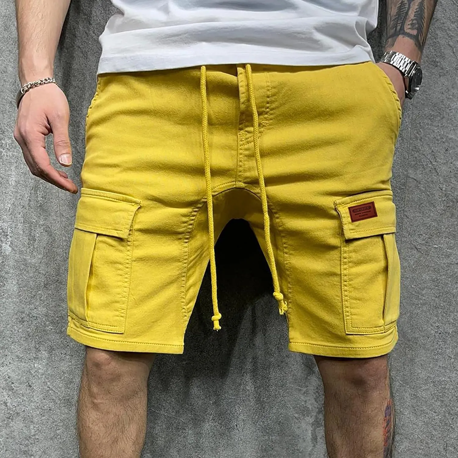 Finelylove Mens Shorts Casual Elastic Waist Drawstring Cargo Shorts Summer Lightweight Workout Jogger Pants with Pockets